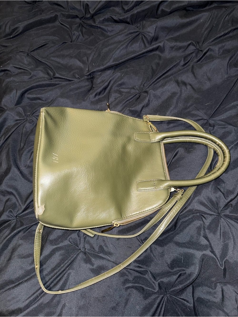 Olive Green Leather Shoulder Bag with Top Handles and Crossbody Strap
